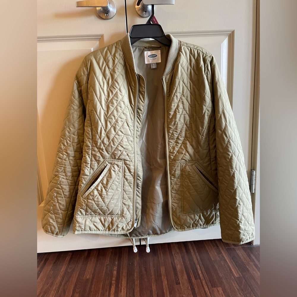 Old Navy Womens Quilted Bomber Jacket Large Green Zip Lightweight Coat